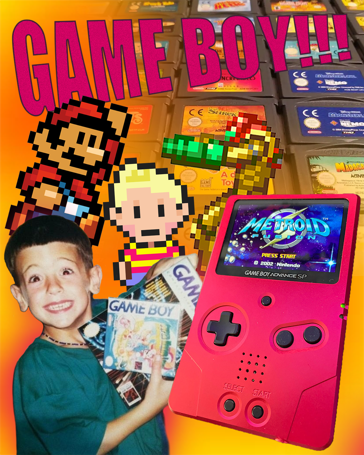 Poster of boy ecstatic at a red gameboy. Text: GAME BOY!!!